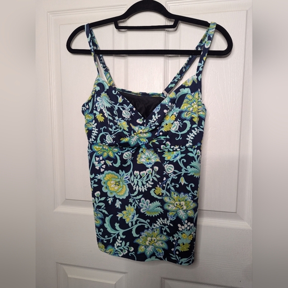 Lands End Womens Swim Top Tankini Blue Green Floral Size 10 Bathing Suit - Picture 1 of 3